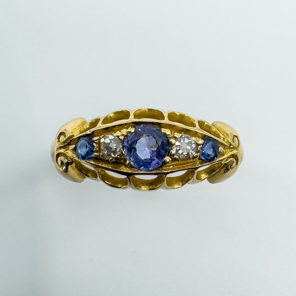 Antique 18ct Gold Diamond & Sapphire Boat Ring 750 Size M - N