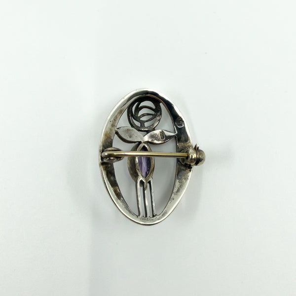 Vintage Sterling Silver Amethyst Oval Rose & Vine Brooch 925