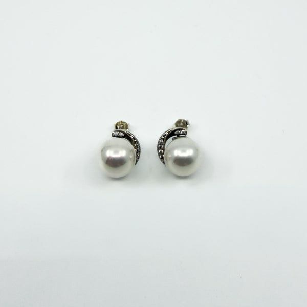 New & Unworn Chunky Sterling Silver White Pearl & CZ Stud Earrings 925