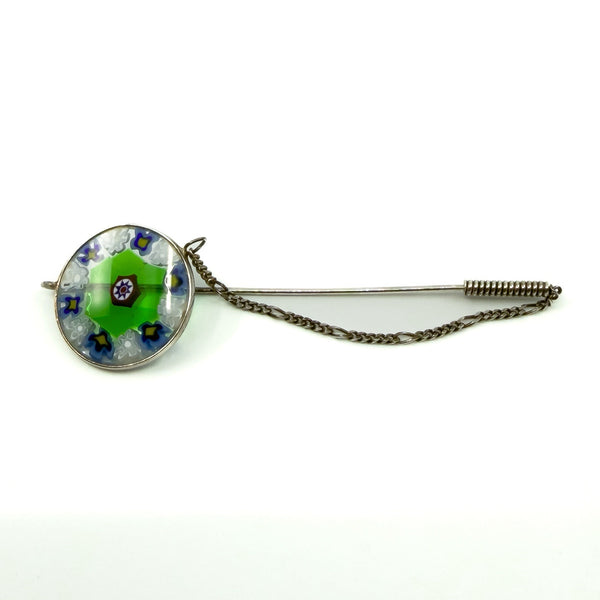 Vintage Sterling Silver Floral Murano Glass Millefiori Brooch / Stick Pin 925
