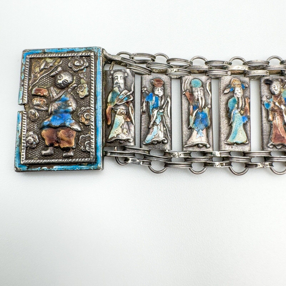RARE Vintage Antique Silver Chinese People Enamelled Bracelet - 8x Immortals 16g