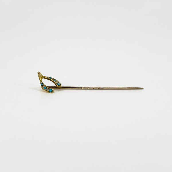 Antique Victorian 9ct / 15ct Gold Lucky Wish Bone Pearl & Turquiose Stick Pin