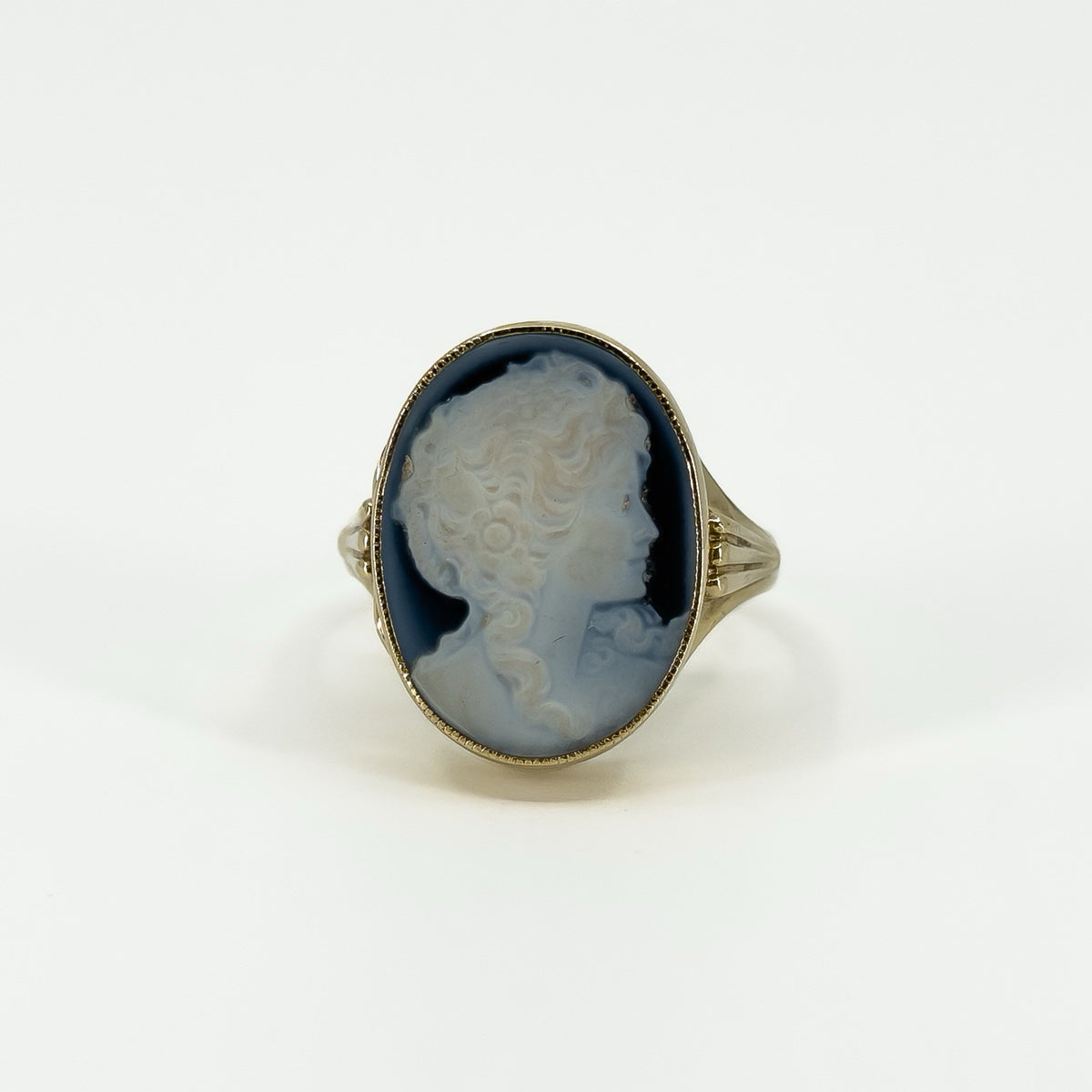 Vintage 9ct Gold Chunky Carved Blue Agate Cameo Locket Ring 375 Size S - T