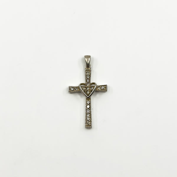 Sterling Silver CZ Christian Cross & Heart Pendant / Charm 925