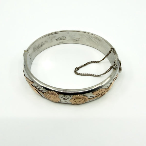 Vintage Sterling Silver & Rose Gold Engraved Floral Bangle 925 (Birm 1978)
