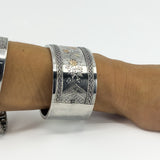 Wide Antique 1885 Victorian Sterling Silver & Gold Engraved Floral Bangle 925