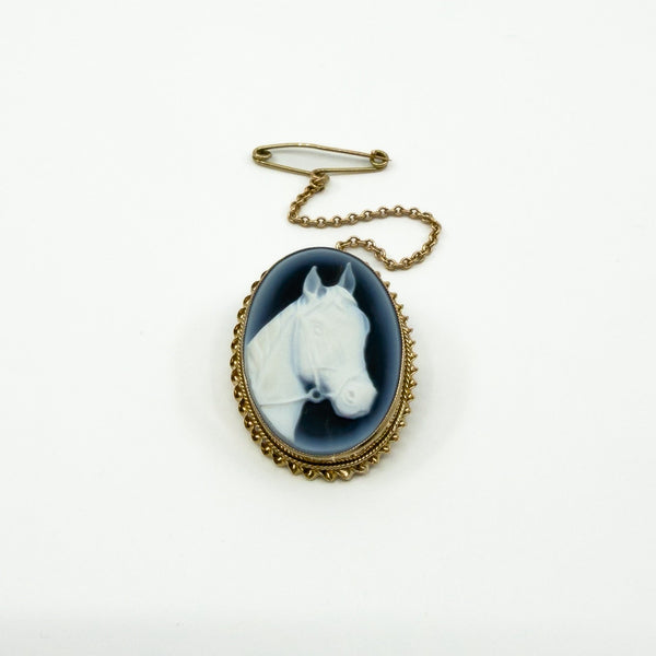 Vintage 9ct Gold Blue Agate Cameo Equestrian Horse Brooch / Pendant 375