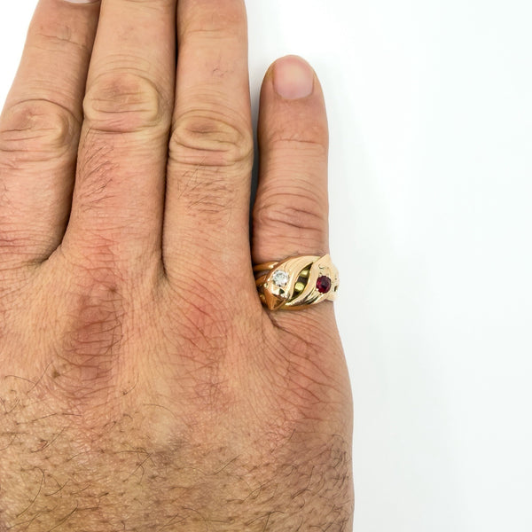 Antique 9ct Rose Gold Double Snake Diamond & Garnet Ring Size U (Chester 1909)