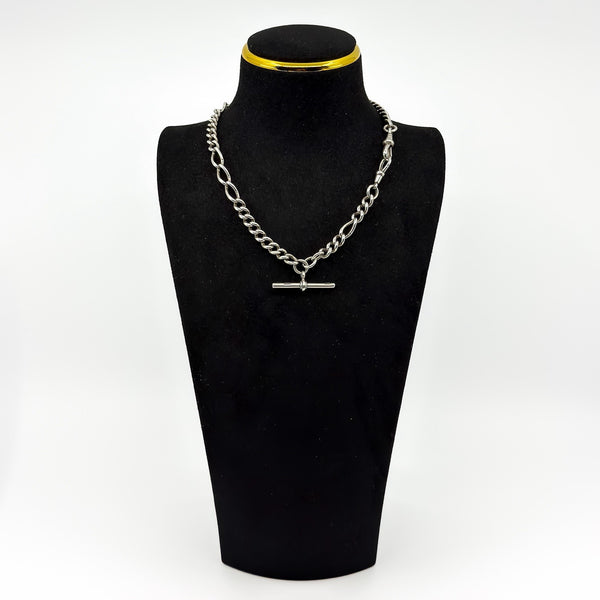 Antique 1899 Sterling Silver Fancy Figaro Link 16” Albert Chain & T-Bar 925