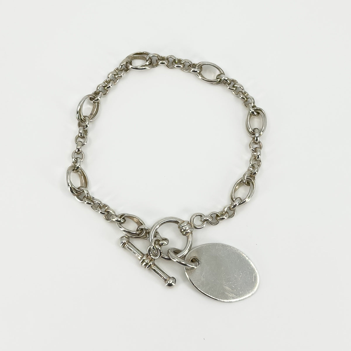 Vintage Sterling Silver Rolo & Oval Links Toggle Charm Bracelet 925