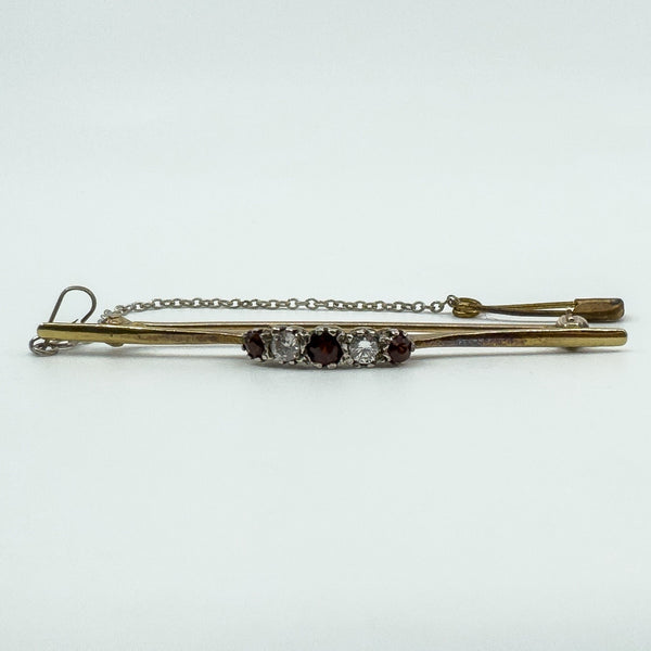 Vintage 18ct & 14ct Gold Diamond & Garnet Bar Brooch 750