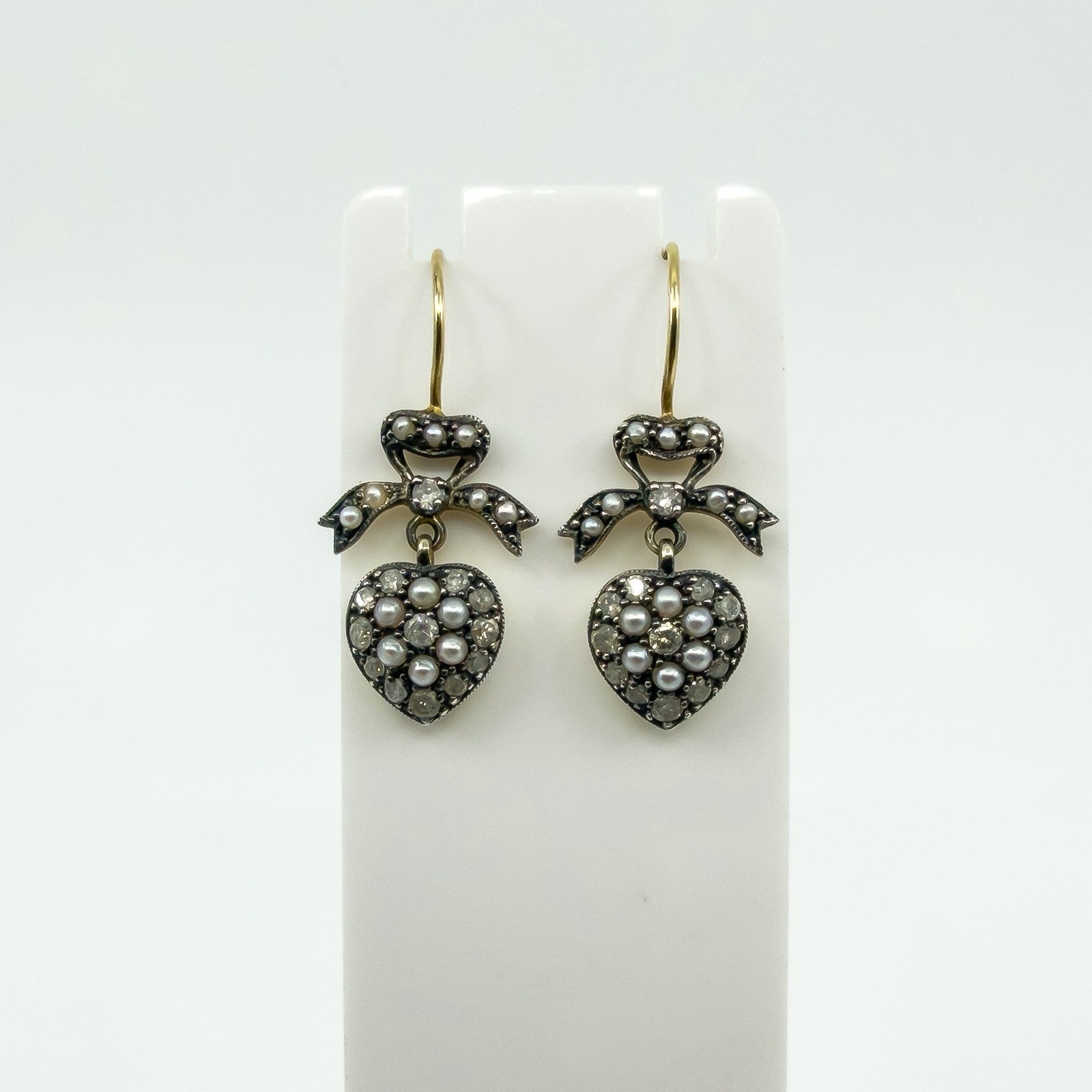 Silver Gilt Diamond & Pearl Puffy Heart Drop Bow Earrings 925