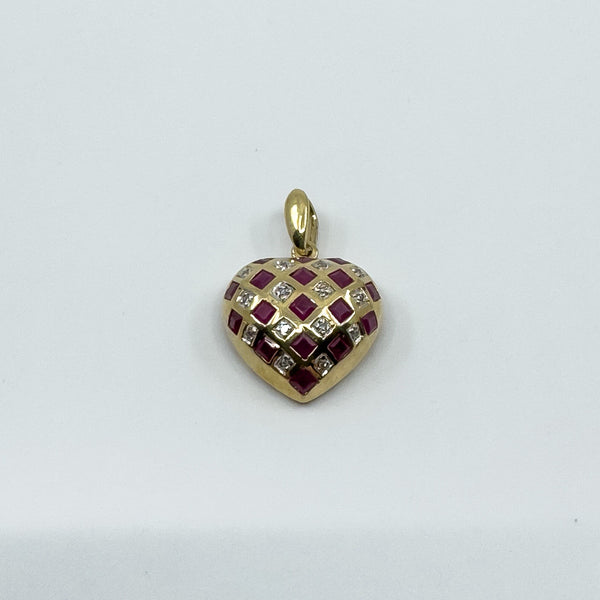 Vintage 9ct Gold Puffy Ruby & Diamond Heart Pendant 375