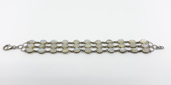 Vintage Sterling Silver 3x Row Moonstone 8.5" Bracelet 925