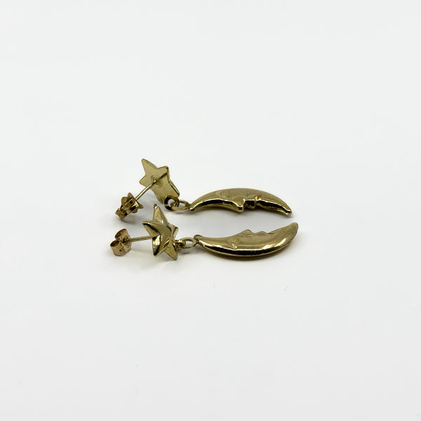 Vintage 9ct Gold Celestial Moon & Star Dangle Drop Earrings 375