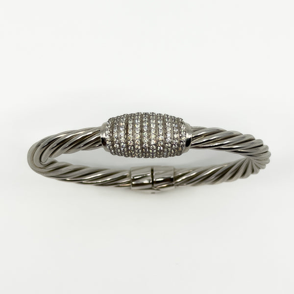 Chunky Twisted Sterling Silver CZ Oval Bangle / Bracelet 925