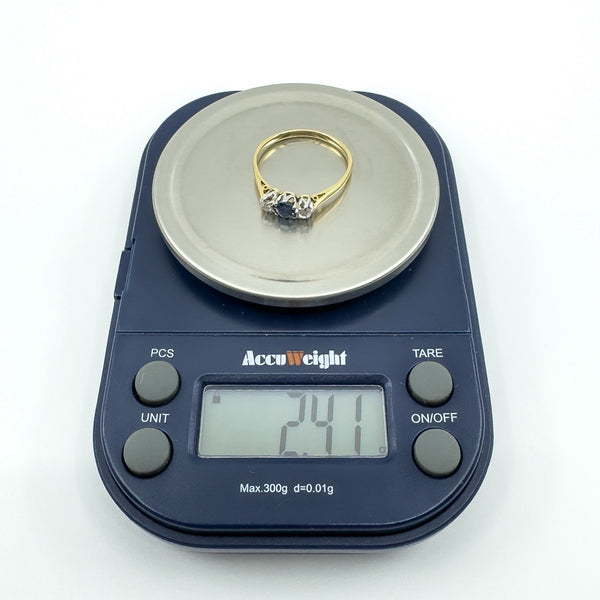 Antique 18ct Gold Sapphire & Old Cut Diamond Trilogy Ring 750 Size P