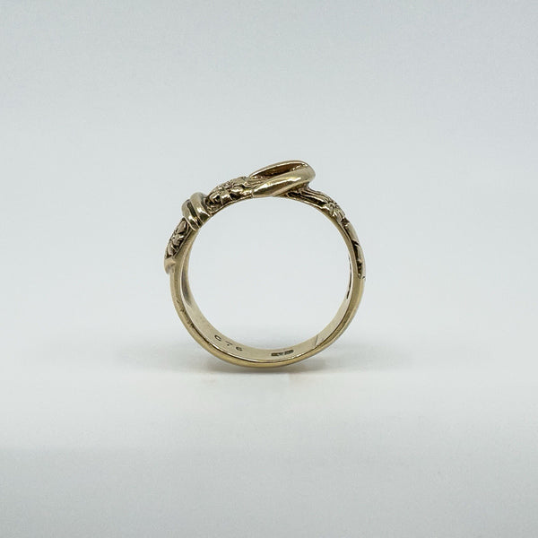 Vintage Chunky 9ct Gold Floral Engraved Buckle Ring 375 Size O 6.2g