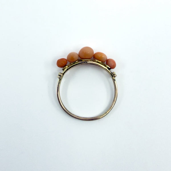 Antique 9ct Gold 5 Stone Natural Coral Ring 375 Size O - P