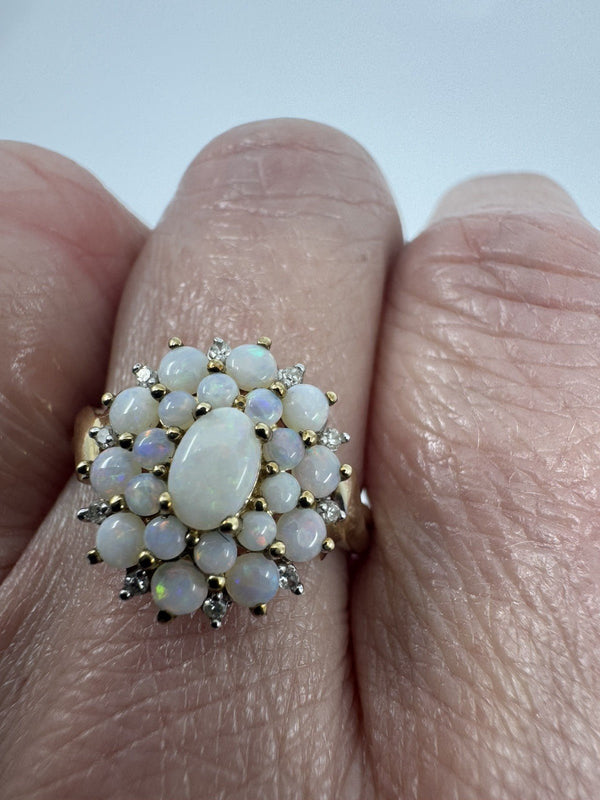 Vintage 9ct Gold Opal & Diamond Cluster Ring 375 Size U - V (Birmingham 2005)