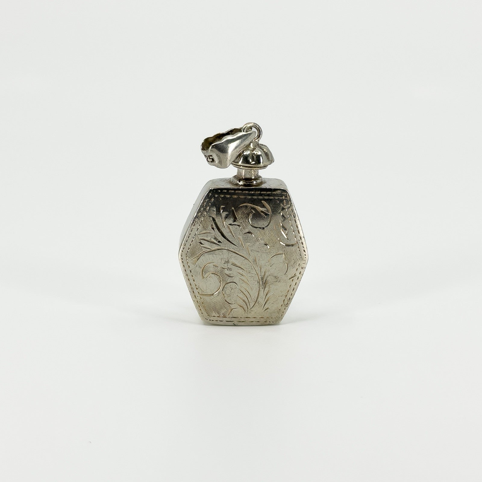 Chunky Sterling Silver Vintage Engraved Perfume / Poison Bottle Pendant 925