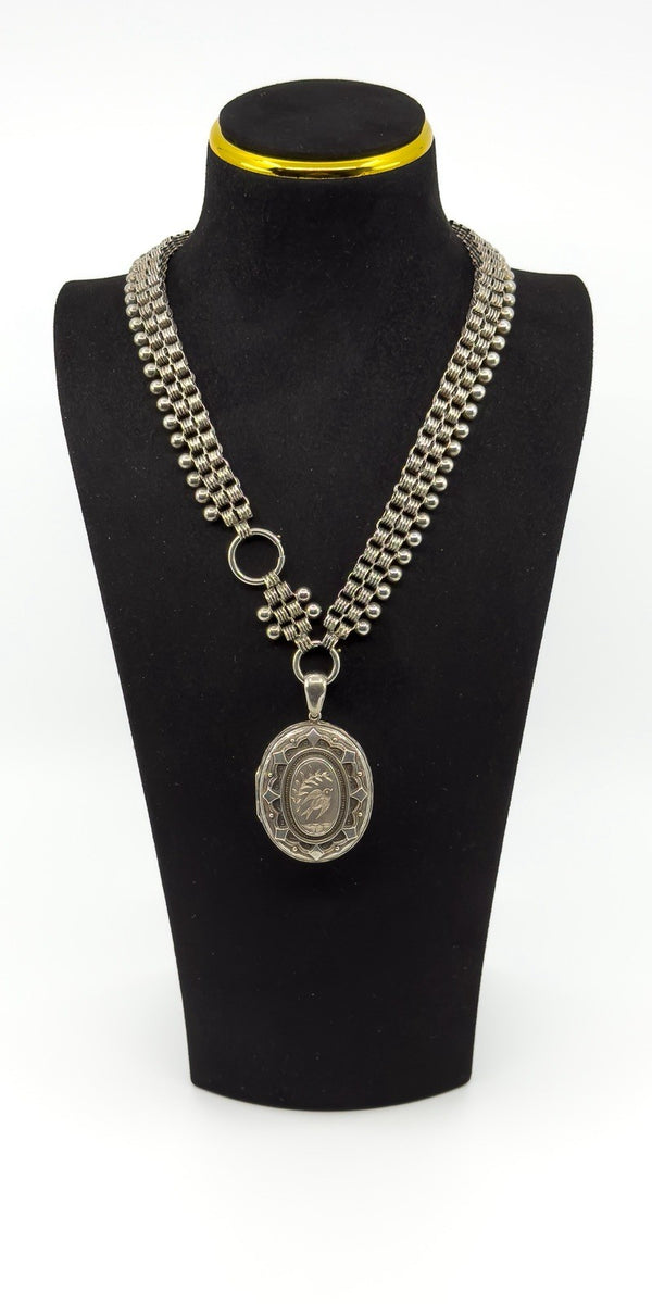 Large Antique Victorian Sterling Silver Reversible Locket & 18.5" Book Chain 925