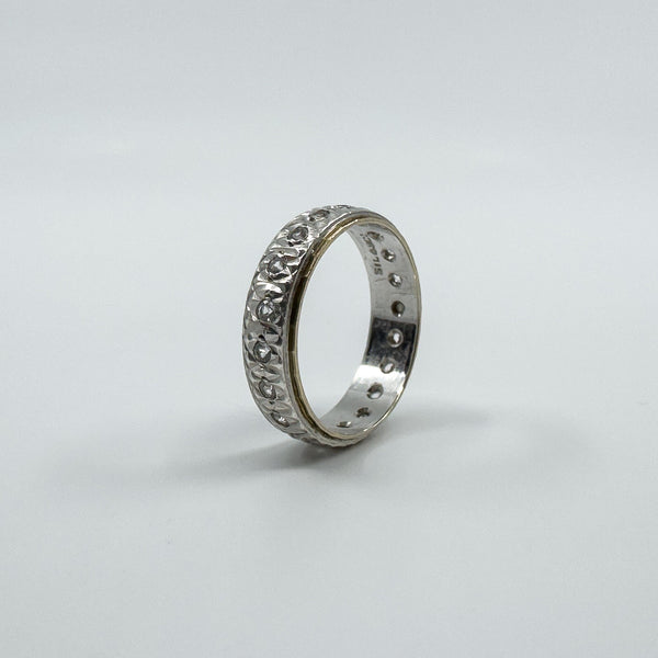 Vintage 9ct Gold & Silver White Spinel Engraved Full Eternity Band Ring Size N