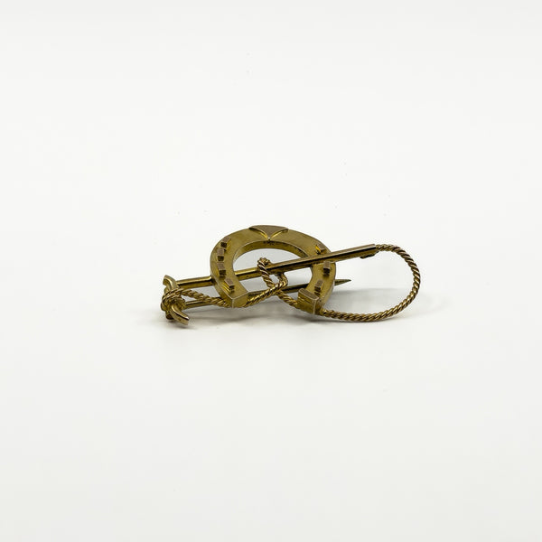 Antique Victorian 9ct Gold Lucky Horseshoe & Crop Brooch 375 (Chester 1891)