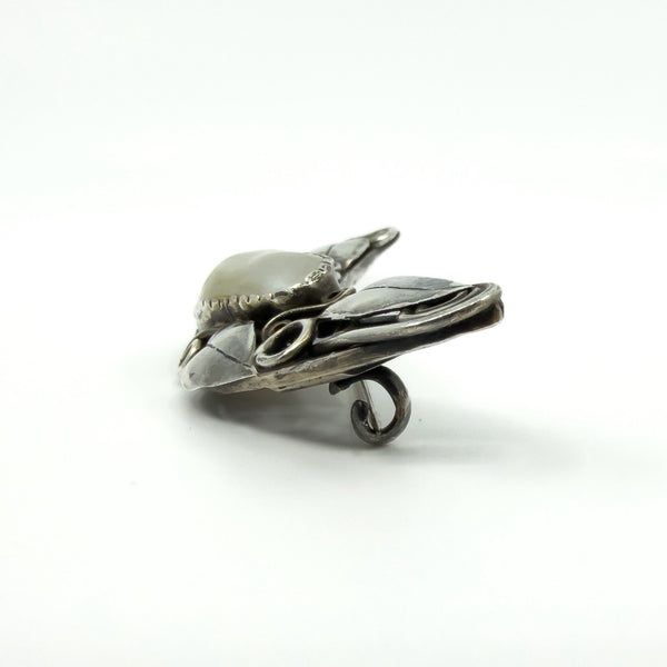 Large Arts & Crafts Sterling Silver Vintage Floral Mother of Pearl Brooch 925