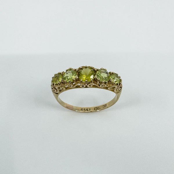 Vintage 9ct Yellow Gold 5x Stone 1.08ct Peridot Ring / Band 375 Size N 1989