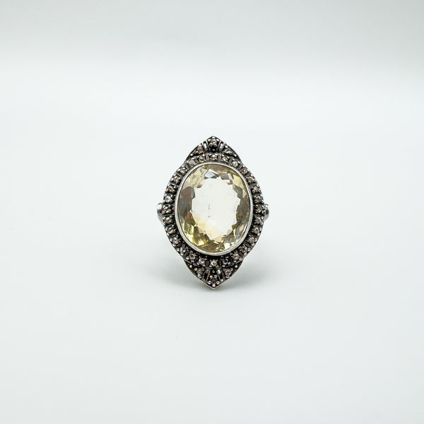 12ct Citrine & Diamond Navette Cocktail Ring in Sterling Silver 925 Size M - N