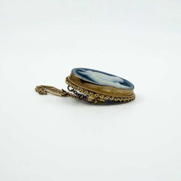 Vintage 9ct Gold Blue Agate Cameo Equestrian Horse Brooch / Pendant 375