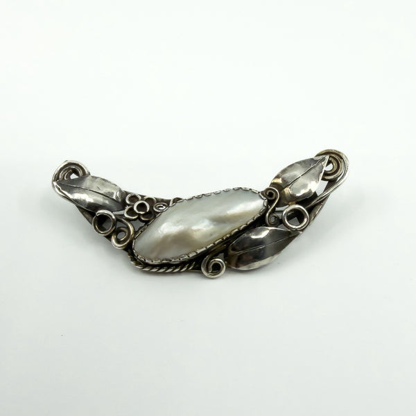 Large Arts & Crafts Sterling Silver Vintage Floral Mother of Pearl Brooch 925