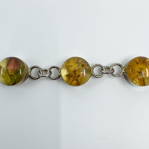 Sterling Silver Floral Resin Dried Flowers Links Bracelet 925