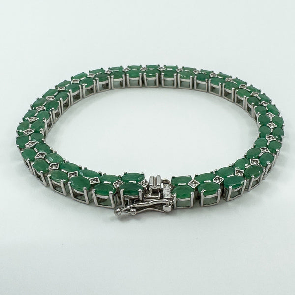 Sterling Silver Natural 16.50ct Emerald & Diamond Double Row Tennis Bracelet 925
