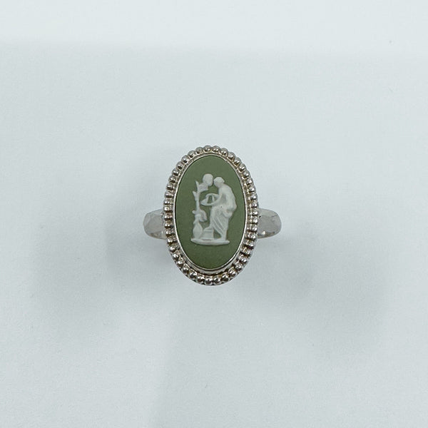Vintage Sterling Silver Wedgewood Green Jasper Ware Cameo Ring 925 Size N - O
