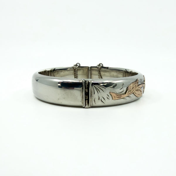 Vintage Sterling Silver & Rose Gold Engraved Floral Bangle 925 (Birm 1978)