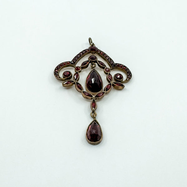 Large Antique Silver Gilt Bohemian Rose Cut Garnet Pendant / Art Nouveau c1900