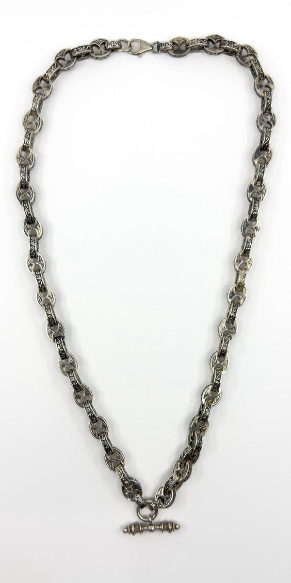 Vintage Sterling Silver Chunky Fancy Link Engraved 25” Chain & T-Bar 925 135g