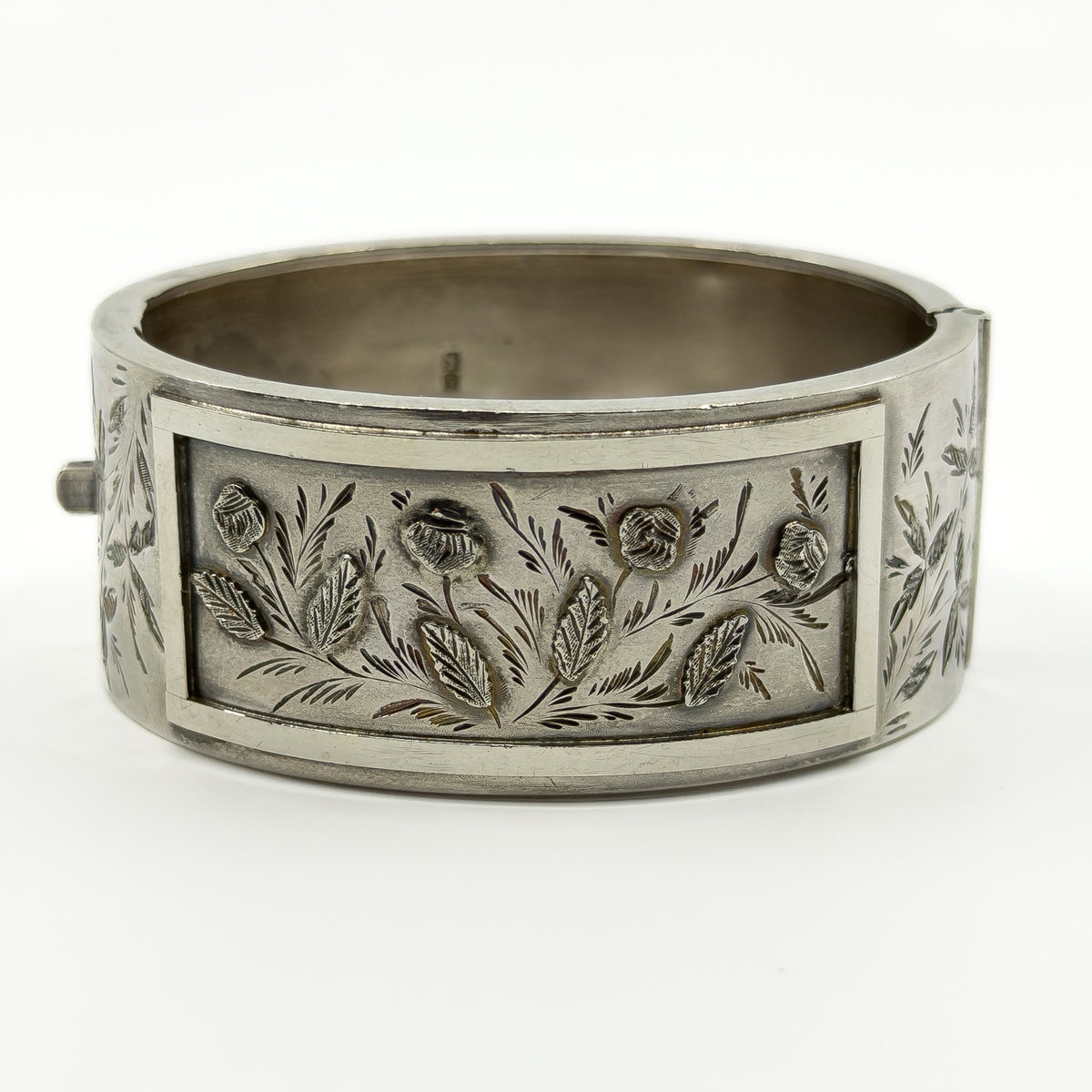 Wide Antique 1883 Victorian Sterling Silver Engraved Floral Bangle 925