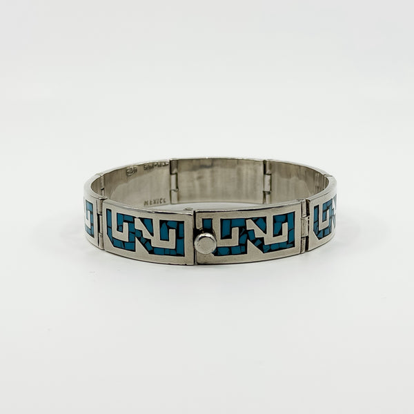 Chunky Modernist Sterling Silver Turquoise Panel Bracelet 925
