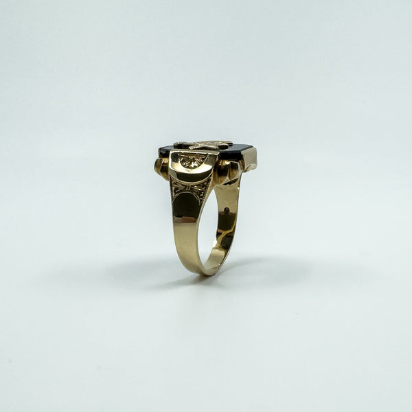 Vintage 10ct Gold Masonic Black Onyx Signet Ring 375 Size V - W intial G
