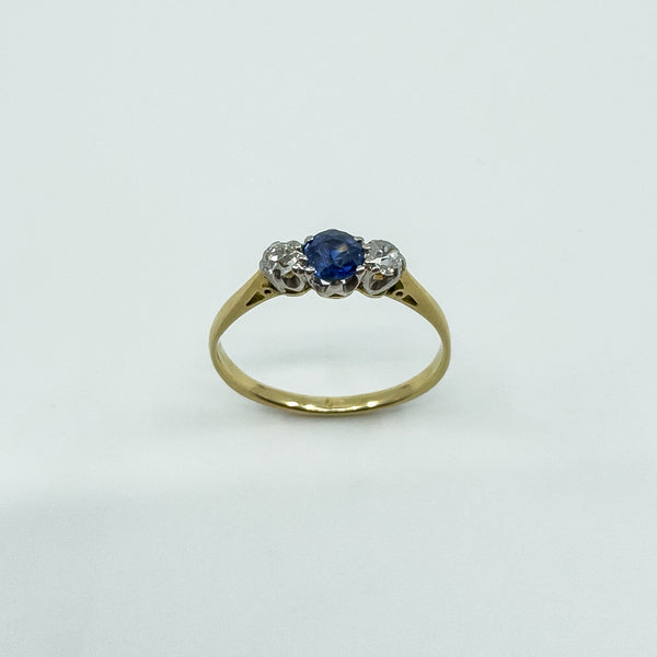 Antique 18ct Gold Sapphire & Old Cut Diamond Trilogy Ring 750 Size P