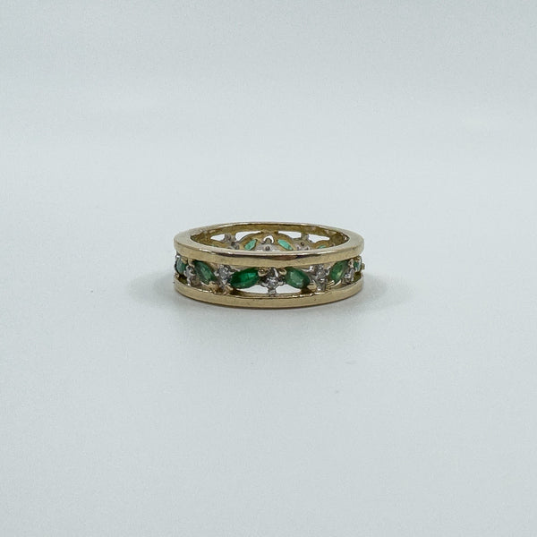 Chunky Vintage 9ct Gold Diamond & Emerald Full Eternity Band Ring 375 Size Q - R