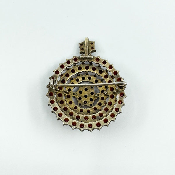 Large Antique Silver Gilt Bohemian Rose Cut Garnet Tiered Brooch / Pendant