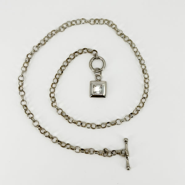Vintage Sterling Silver 16.8” Rolo Chain & CZ T-Bar Toggle 925