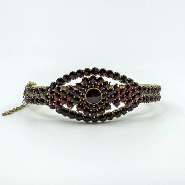 Large Antique Silver Gilt Bohemian Rose Cut Garnet Hinged Bangle / Bracelet 900