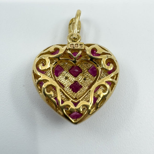 Vintage 9ct Gold Puffy Ruby & Diamond Heart Pendant 375