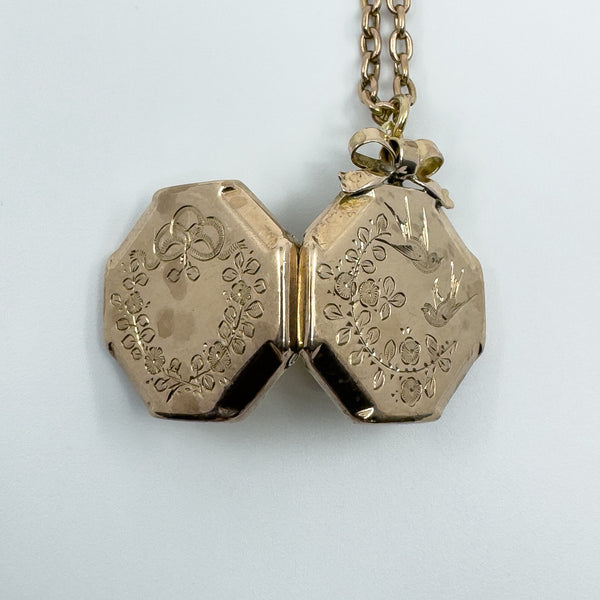 Vintage 9ct Rose Gold Swallow Engraved Photo Locket & 19" Chain / Necklace 375