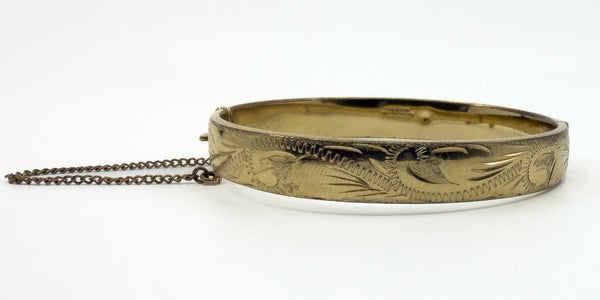 Vintage Rolled Gold Oval Foliate Engraved Hinged Bangle / Bracelet